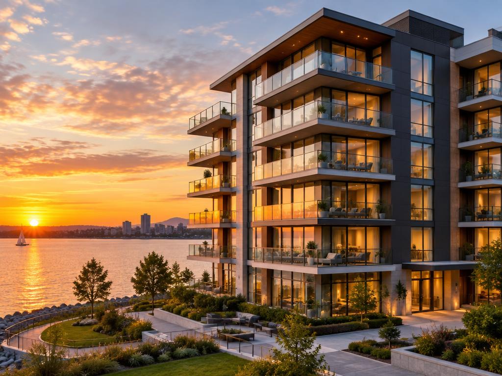 Illustrative condominium building with glass balconies at sunset